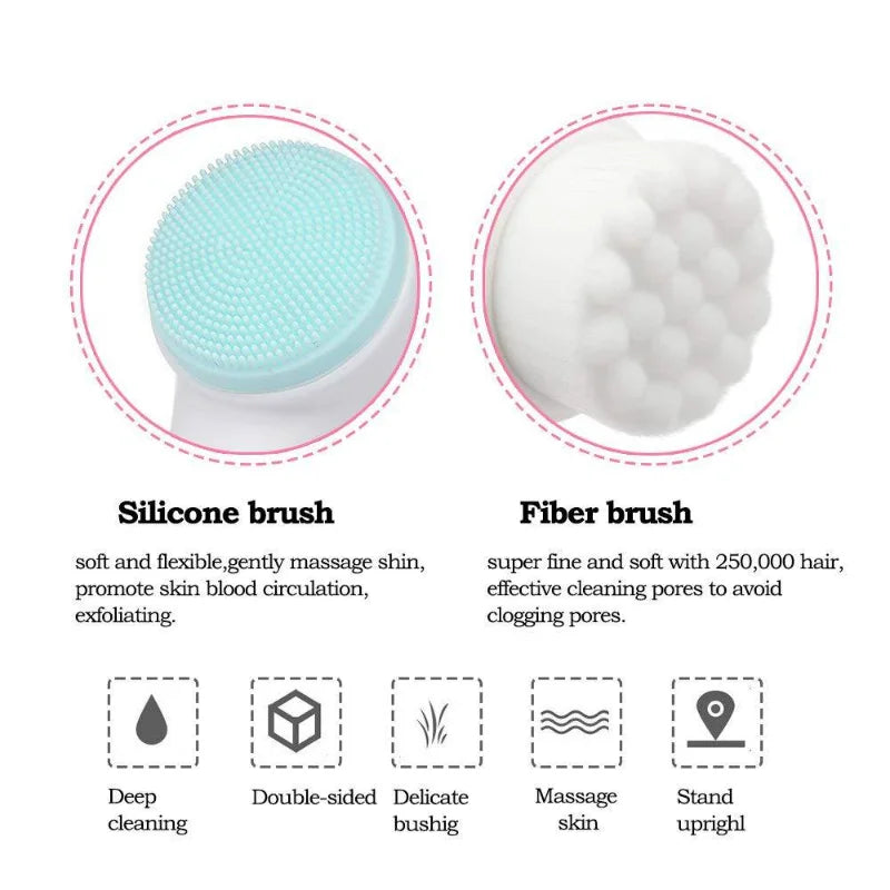 Double-Sided Silicone Facial Cleansing Brush — Soft Bristles Exfoliator