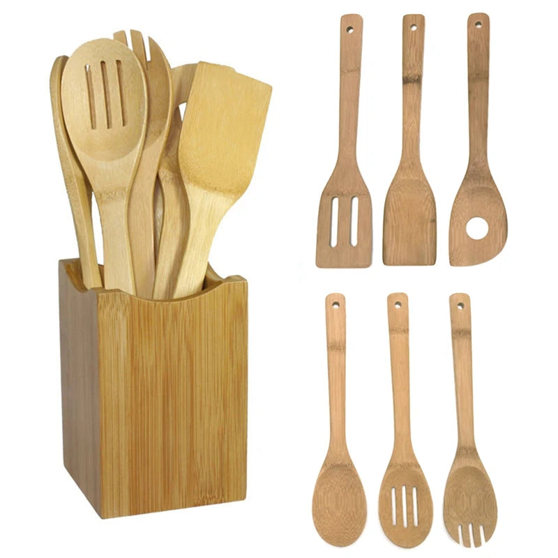 Bamboo Kitchen Utensil Set — 6-Piece Wooden Cooking Spoon & Spatula Collection