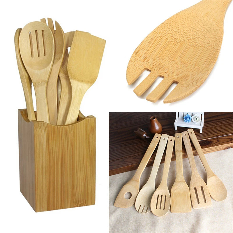 Bamboo Kitchen Utensil Set — 6-Piece Wooden Cooking Spoon & Spatula Collection